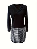 Zjkrl  -  Chic Houndstooth V Neck Dress - Casual Long Sleeve Slim Fit - Perfect for Everyday Style - Womens Fashion Clothing