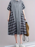 Zjkrl  -  Plus Size Casual Chic Loungewear Dress - Soft Patchwork Plaid Print, Button Up, Short Sleeve, Relaxed Fit, Comfortable Nightdress for Women