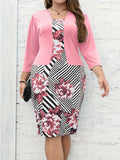 Plus Size Elegant Dress, Women's Plus Colorblock Stripe & Floral Print Faux Twinset Three Quarter Sleeve Square Neck Medium Stretch Bodycon Midi Dress