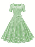 Summer Vintage Chic Polka Dot Dress – Elegant Square Neck, Knee-High with Belt, Breathable Cotton Blend – Easy Care