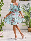 Charming Floral Print Dress with Adjustable Shirred Waist - Chic Short Sleeve Square Neck Design for Women - Perfect Casual Style