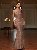 Long One Shoulder Sequin Bodycon Dress - Elegant Sleeveless Mermaid Hem, Contrast Sequin, Micro Elasticity, Hand Wash, Customized, Solid Color, All-Season Party & Banquet Dress for Women