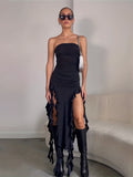 Elegant Bodycon Bandeau Party Dress - Sleeveless, Asymmetrical Hem, Stretch Fit, Long Length for Spring-to-Fall
