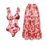 ZJKRL  -  Vintage Red Printed Skeleton One-Piece Swimsuit High Waist Cut Backless Skinny Beachwear Gathering Sexy Square Neck Bikini