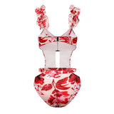 ZJKRL  -  Vintage Red Printed Skeleton One-Piece Swimsuit High Waist Cut Backless Skinny Beachwear Gathering Sexy Square Neck Bikini