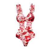 ZJKRL  -  Vintage Red Printed Skeleton One-Piece Swimsuit High Waist Cut Backless Skinny Beachwear Gathering Sexy Square Neck Bikini