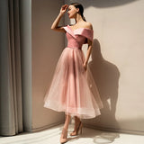 Zjkrl  -  Strapless Tulle Modern Off the Shoulder Prom Gown for Women Tea Length Draped Party Evening Dress Robe De Soirée