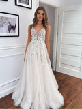 Zjkrl - BEACH Spaghetti Strap Deep V Neck Wedding Dress For Bride Lace Appliques Sparkly Tulle Backless Gorgeous Bridal Gowns