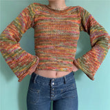 Zjkrl  -  Rainbow Curled Sweater Women Fashion Flared Long Sleeve Loose Knitted Pullovers Fairy Harajuku Vintage Clothes Autumn