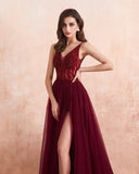 Zjkrl  -  Sexy Tulle Long Prom Dresses New Arrival Beaded Split A-Line V-Neck Special Occasion Evening Party Gown