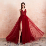 Zjkrl  -  Sexy Tulle Long Prom Dresses New Arrival Beaded Split A-Line V-Neck Special Occasion Evening Party Gown