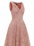 ZJKRL  -  V-Neck High Waist Vintage Clothes Women Pink Lace Pleated Midi Dress Sleeveless Summer Elegant Party Ladies Dresses