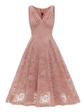 ZJKRL  -  V-Neck High Waist Vintage Clothes Women Pink Lace Pleated Midi Dress Sleeveless Summer Elegant Party Ladies Dresses