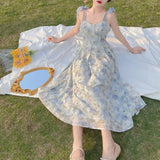 Elegant Long Flower Strap Dress Women Vintage Sweet Print Korean Slip Fairy Dress Casual Calssy Party Princess Dress Summer 2024