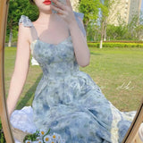 Elegant Long Flower Strap Dress Women Vintage Sweet Print Korean Slip Fairy Dress Casual Calssy Party Princess Dress Summer 2024