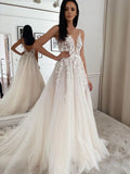 Zjkrl - BEACH Spaghetti Strap Deep V Neck Wedding Dress For Bride Lace Appliques Sparkly Tulle Backless Gorgeous Bridal Gowns