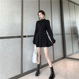 Zjkrl - Goth Dress Gothic Harajuku Vintage Plaid Wrap Balck Mini Dress Retro Pleated Punk Long Sleeve Dark Emo Aesthetic Kpop