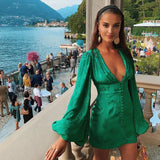 Zjkrl Lantern Sleeve Tied Detail Cutout Slit Party Dress