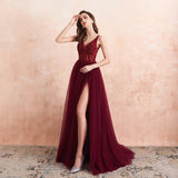 Zjkrl  -  Sexy Tulle Long Prom Dresses New Arrival Beaded Split A-Line V-Neck Special Occasion Evening Party Gown