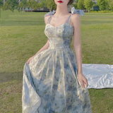 Elegant Long Flower Strap Dress Women Vintage Sweet Print Korean Slip Fairy Dress Casual Calssy Party Princess Dress Summer 2024