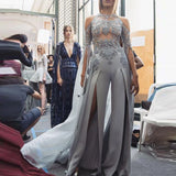 Zjkrl  -  Jumpsuit Evening Dresses  Silver Jewel Lace Appliques Long Sleeves Split Front Formal Vestidos De Prom Party Gowns