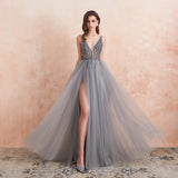 Zjkrl  -  Sexy V-Neck Long Prom Dresses Beaded Beading Crystal High Splits Backless A-Line Formal Gown Party Dress