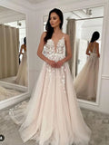 Zjkrl - BEACH Spaghetti Strap Deep V Neck Wedding Dress For Bride Lace Appliques Sparkly Tulle Backless Gorgeous Bridal Gowns