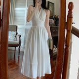 White Elegant Halter Dress Women Sexy Backless Korean Party Midi Dress Female Sleeveless V-neck Vintage Dresses for Women 2024