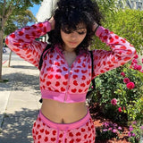 Zjkrl  -  Y2K Heart Print Velvet Hoodies Kawaii Women Jackets Zip Up Long Sleeve Sweatshirts Autumn Spring Female Pant Sets