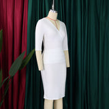 ZJKRL -  Summer Elegant Pleated Bodycon Midi Dress Women Solid V Neck 3/4 Party Club Work Business Pencil Dress