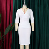 ZJKRL -  Summer Elegant Pleated Bodycon Midi Dress Women Solid V Neck 3/4 Party Club Work Business Pencil Dress
