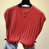 Zjkrl  -  holiday outfits Women Knitted Loose T-shirts O-Neck Casual Tees Tops Summer For Women Solid Short Sleeve Bottoming Shirts
