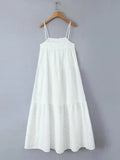 Zjkrl  -  Buttons Strap Summer Women's Dresses Casual Beach White Long Dress Embroidery Cotton Vestidos Holiday Vacation Dress