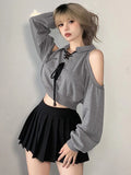 Zjkrl  -  holiday outfits Sexy Cropped Women Y2K Sweatshirt Streetwear Off Shoulder Gothic Tops Autumn Korean Long Sleeve Harajuku Grey Pullovers New