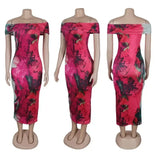 ZJKRL -  Summer Women Print Slash Neck Bodycon Long Maxi Dress Short Sleeve Sexy Split Night Club Party Evening Vestido Dresses