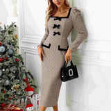 ZJKRL -  Elegant Pencil Midi Party Dress Women Grid Puff Long Sleeve Square Neck Bodycon Office Evening Wedding Dress