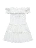 Zjkrl - Beach Style Vacation Summer Dress Women Clothes  Sweet White Cutwork Embroidery Dress Ruffle Trim Off Shoulder Short Dresses