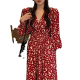 Zjkrl  -  holiday outfits Elegant Autumn Vintage Print Floral Chiffon Dress High Waist Spring A-Line Woman Dresses Party Luxury Long Sleeve Vestido