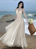 Zjkrl  -  Beach Holiday Dress Summer Sleeveless Halter Long Dresses Women Backless A-line V-neck Party Wedding Prom Robe Ropa Mujer