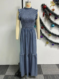 ZJKRL -  Sleeveless Maxi Dress Print Plaid Casual Dresses Summer Woman Elastic Waist Royal Blue Long Dress