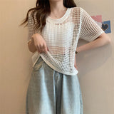 Zjkrl  -  Women Chic Short Sleeved Knit T-shirt Casual Beach Slim Tops O-Neck Sexy Hollow Out Knitting Shirt For Women Summer