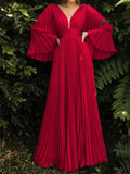 Zjkrl  -  Plus Size Pleated Elegant Dress Female Solid V Neck Clothing Luxury Dinner Evening Long Robe Spring Women Party Dress