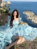 ZJKRL -  Summer New French Style Watercolor Painting Puff Sleeve Slimming Elegant Women's Chiffon Dress Fragmented Pattern Z669