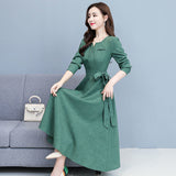 V-neck Elegant Fashion Long Sleeve Button Elastic Waist Belt Dress Comfortable Simple Solid Color Autumn Women's Clothing