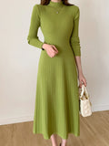 Zjkrl - Autumn Winter 2023 Slim Long Sleeve Party Midi Dress for Women Knitted Half High Collar Elegant Knitted Sweater Dresses Ladies