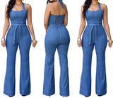Zjkrl  -  Women One Piece Solid Denim Jumpsuits Sleeveless V Neck Rompers Wide Leg Long Pants Overalls Sexy Slim Fit Hight Waist