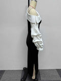 ZJKRL -  Women Sexy Spring Dresses with White Diagonal Collar Slim Fit Dress Long Sleeves Black Elegant Dress with Slit
