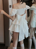 2024 White Sexy Backless Mini Dress Women Korean Fashion Casual Elegant Party Dress Female Ruffle Kawaii Lolita Party Y2k Dress