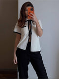 Zjkrl - Cotton Knitted Hollow Out Top Skirt 2 Piece Set Lapel Short Sleeve Tops Striped Skirt Suit 2023 Summer Women's Vacation Outfits