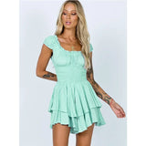 Zjkrl  -  White Dots Women Sleeveless Romper Tiered Wide Leg Summer Playsuit Elastic Smocking Square Collar Overall